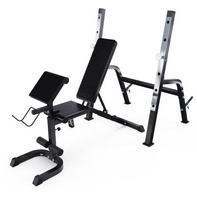 Скамья со стойками под штангу DFC GORILLA черная, с партой для бицепса