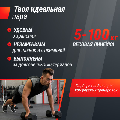 Гантель гексагональная UNIX Fit обрезиненная 20 кг, 2 шт.