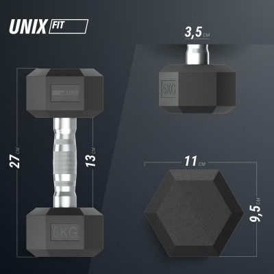 Гантель гексагональная UNIX Fit обрезиненная 5 кг, 2 шт.