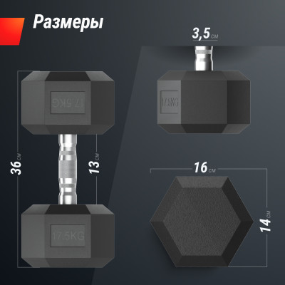 Гантель гексагональная UNIX Fit обрезиненная 17,5 кг, 2 шт.