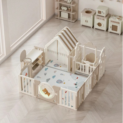 Манеж UNIX Kids DeLuxe House&Storage Camel, 150 x 180 см, с игровым домиком, баскетбольной стойкой, доской для рисования, качелями + место для хранения игрушек